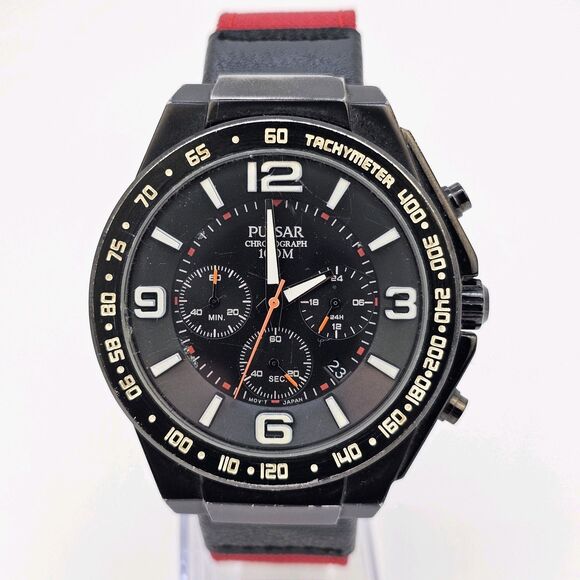 VTG Pulsar Men's Watch 45MM Black Dial Case Black Red Canvas Bands New Battery - Picture 1 of 14